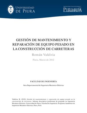 Gestion De Mantenimiento Y Reparacion De Equipo Pesado En La Construccion De Carreteras