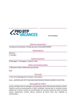 Pro Btp Vacances offre permanente