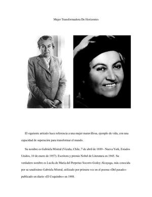 MUJER TRASFORMADORA DE HORIZONTES (Gabriela Mistral)