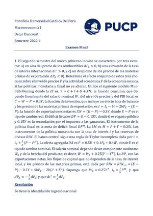 Examen Final; Macroeconomía 1, 2022-1, Dancourt.