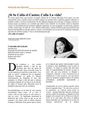 Si Se Calla El Cantor Calla La Vida! Artículo De Opinión Mercedes Sosa