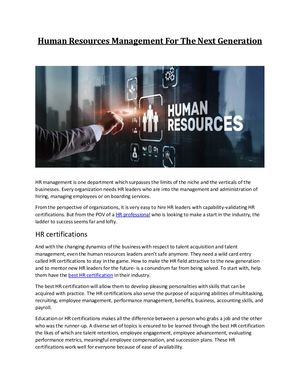 Human Resources Management For The Next Generation