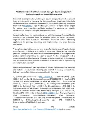 Alfa Chemistry Launches Thiophenes As Heterocyclic Organic Compounds For Academic Research And Industrial Manufacturing