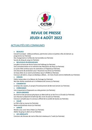 Revue De Presse Du Jeudi 4 Août 2022