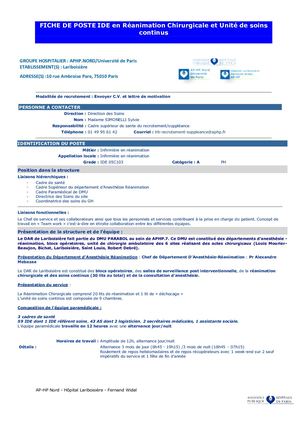 Fiche De Poste IDE Réanimation chirurgicale - Lariboisière