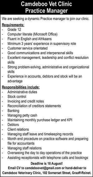 Vacancy: Practice Manager - Camdeboo Vet Clinic