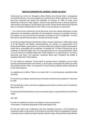 Obra De Gobierno Del General Tinedo Velasco