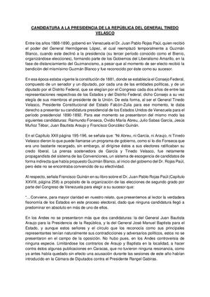 Candidatura A La Presidencia De La República Del General Tinedo Velasco