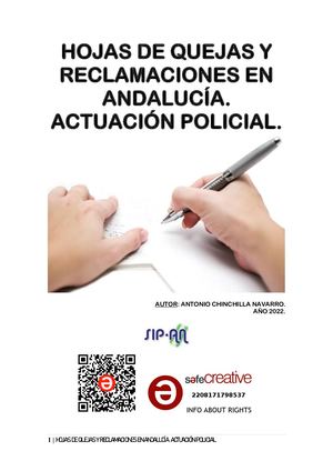 50-22 HOJAS DE QUEJAS Y RECLAMACIONES EN  ANDALUCÍA.  ACTUACIÓN POLICIAL