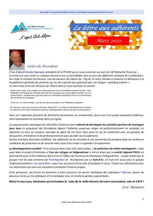 Lettre Adhérents Mars 2022