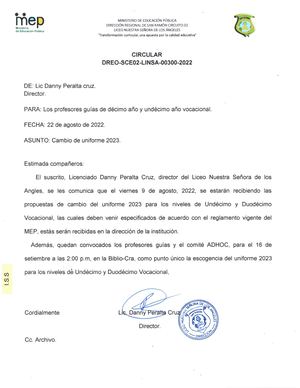 Circular 300 Cambio De Uniforme Profesores Guías De 10° Año 11° Año