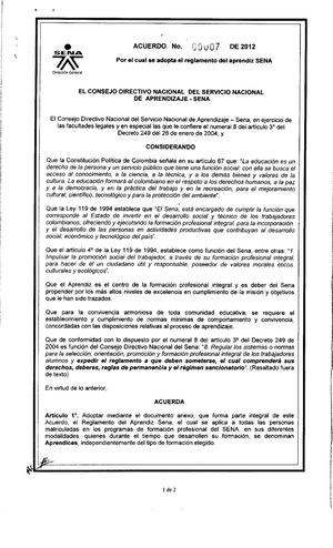Acuerdo 0007 2012 Reglamento Del Aprendiz Sena Compressed
