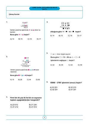 Cevaplitestler.com 5.Sinif Doğal Sayilarda İŞLemler Testi̇ 1