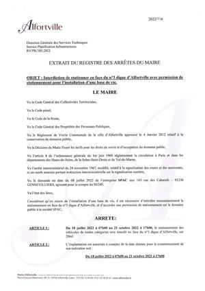 2022 716 Interdiction De Stationner N° 3 Digue D'alfortville Pour Installation Base De Vie