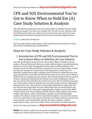 CPE And Sus Environmental You've Got To Know When To Hold Em (A) Case Study Solution Analysis