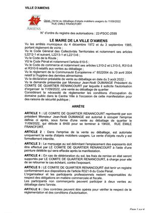 Arrêté De Vente Au Déballage, Rue Emile Francfort, Comite De Quartier Renancourt