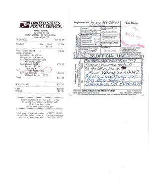 USPS Registered Mail Number "RF572555710US" of "Affidavit of Truth" on 08-26-2022 to REVCO SOLUTIONS INC.