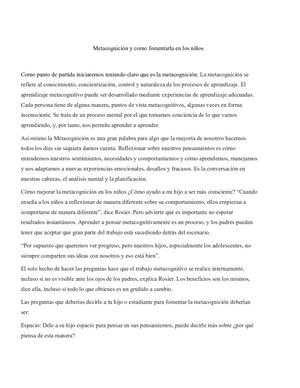 Metacognición Y Como Fomentarla En Los Niños