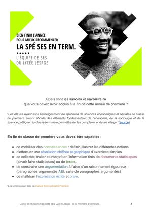 Cahier De Révisions Spé SES, de la 1ère à la Term