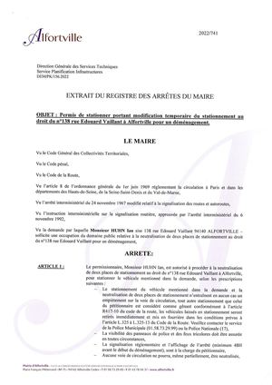 2022 741 Permis De Stationner N°138 Rue Edouard Vaillant Pour Un Déménagement