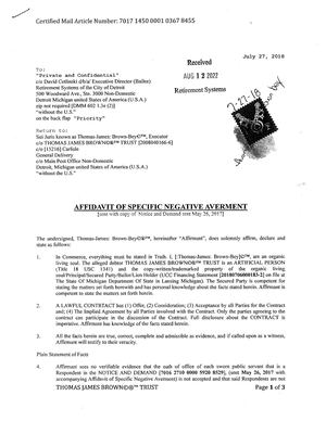 70171450000103678455 Affidavit Of Specific Negative Averment Mailed 7 27 18 2nd 8 12 22 Stamped