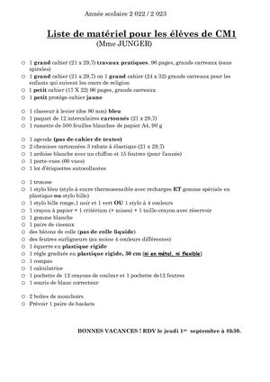 Liste De Matériel 22 Cm1