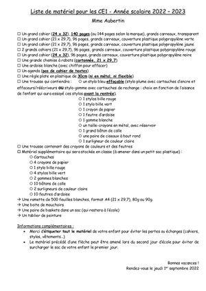 Liste De Matériel 22 Ce1