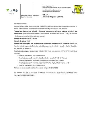 Nota Familias Inicio Curso 22-23