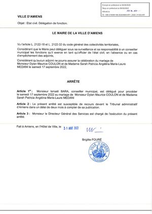 Arrêté De Délégation De Fonction à M I Bara, état Civil
