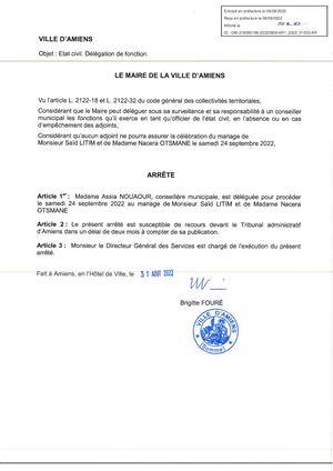 Arrêté De Délégation De Fonction à Mme A Nouaour, état Civil