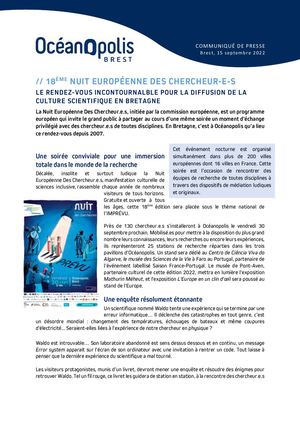 Communiqué de presse - Nuit Europeenne Des Chercheur.e.s 2022