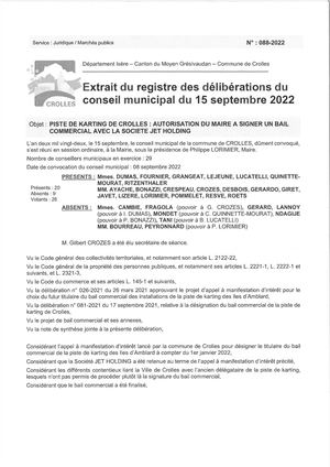 Délibération 088 2022 - Piste de karting de Crolles : autorisation du maire à signer un bail commercial avec la société Jet Holding