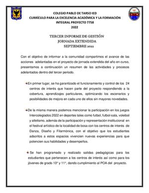 AVANCES PROYECTO JORNADA EXTENDIDA TARSO