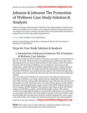 Johnson & Johnson The Promotion Of Wellness Case Study Solution Analysis