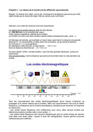 Cours de Physique-Chimie : La vitesse de la lumière et les différents rayonnements