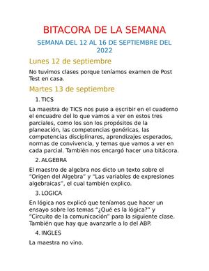 Bitacora De La Semana Del 12 Al 16 De Septiembre Del 2022
