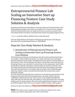 Entrepreneurial Finance Lab Scaling An Innovative Start Up Financing Venture Case Study Solution Analysis