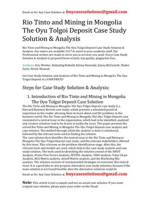 Rio Tinto And Mining In Mongolia The Oyu Tolgoi Deposit Case Study Solution Analysis