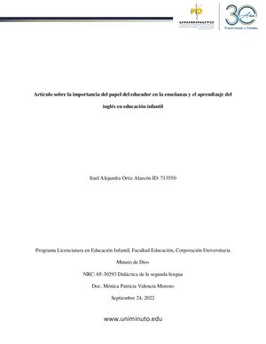 Artículo sobre la importancia del papel del educador en la enseñanza y el aprendizaje del inglés en educación infantil