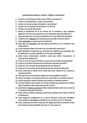 Cuestionario Cuento Pedro El Excelente