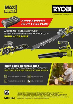 Offre Ryobi - 1 batterie RY36B20B 2.0Ah pour 1€ de plus