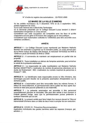 Arrêté D'occupation Domaine Public, Parc De La Hotoie, Cross Annuel, Collège Edouard Lucas, les 19/10/2022 et 20/10/2022.