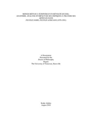 Mongo Beti Ou L'Ecriture D'Un Révolté En Exil, Thèse Par Kodjo Adabra, 2010