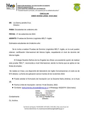 Circular 335 Pruebas De Dominio Lingüístico BELT- Inglés 11°.