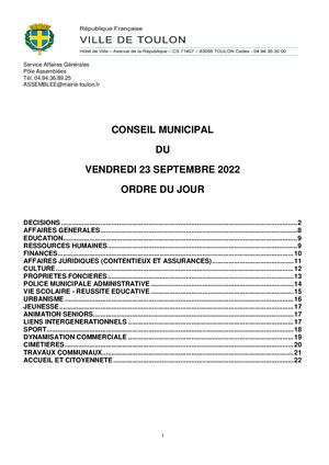 Conseil Municipal du 23 septembre 2022 - Ordre du Jour
