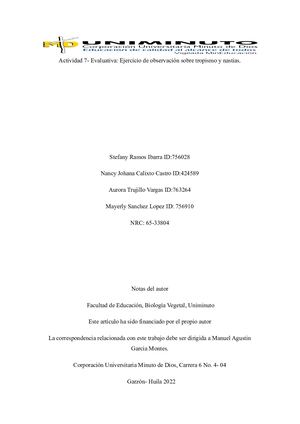 Actividad 7 Evaluativa Ejercicio De Observación Sobre Tropismo Y Nastias Docx
