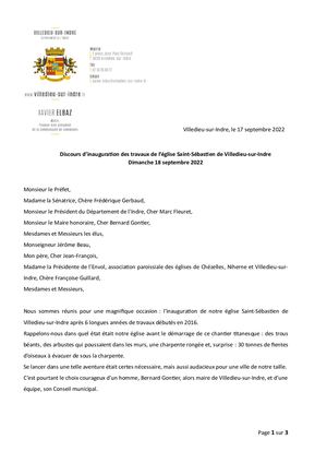 Discours d'inauguration des travaux de l'église Saint-Sébastien