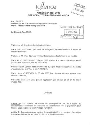 Arrete 2364-2022 - Nomination Correspondant Ril Et Ajoint Coordonnateur Communal Recensement 2023 - Publié Le 26 09 2022