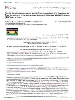 Beneficiary of the Cestui Que Vie Trust gives notice to KLTR and the CROWN in Accord With 1707 Cestui Que Vie Trust