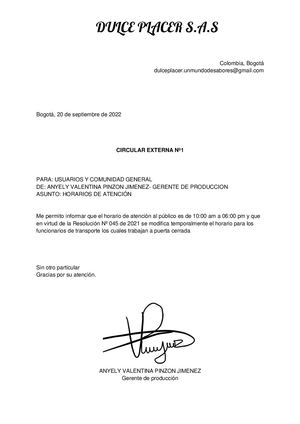 Circular Externa Informando De Los Horarios De Atención